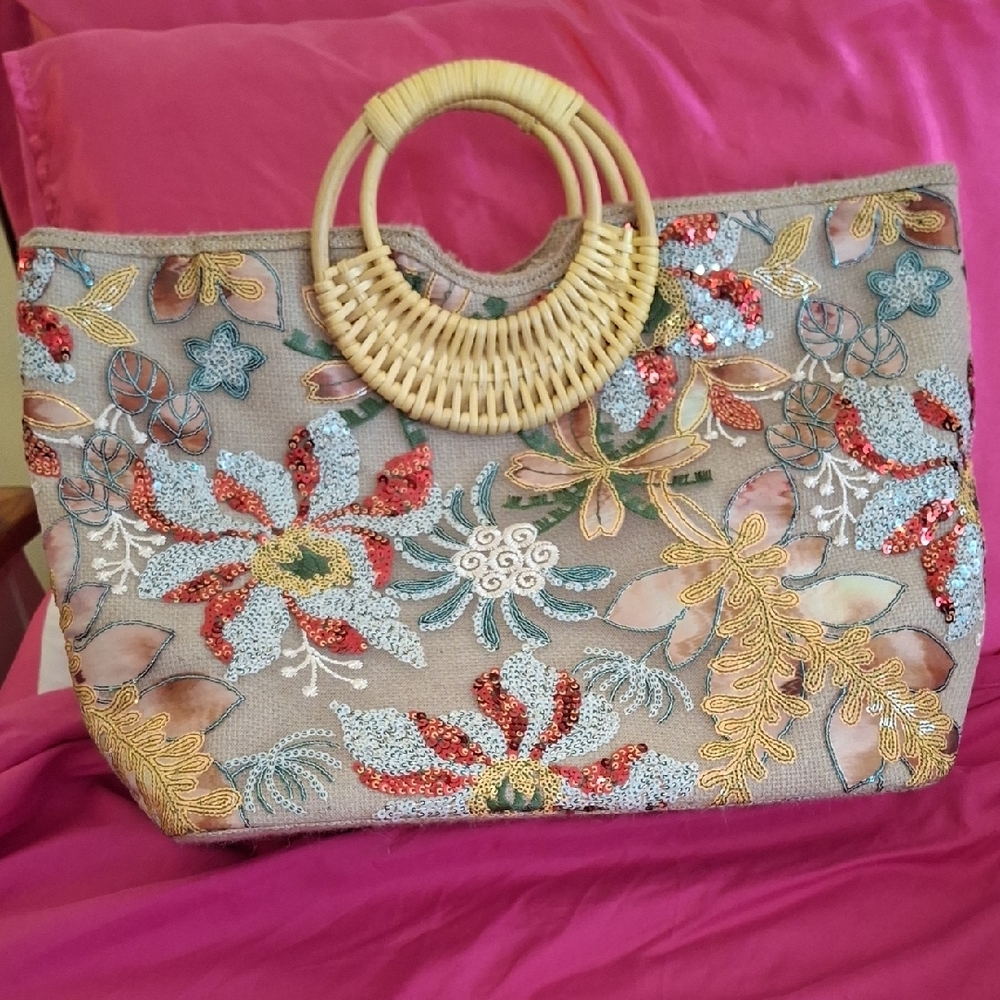 SHEIN Red and Blue Floral Tote with Bamboo Handles